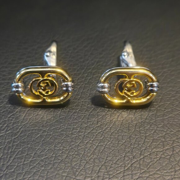 Gucci Men's Cufflinks Double G Logo in Gold & Silver - Picture 1 of 11
